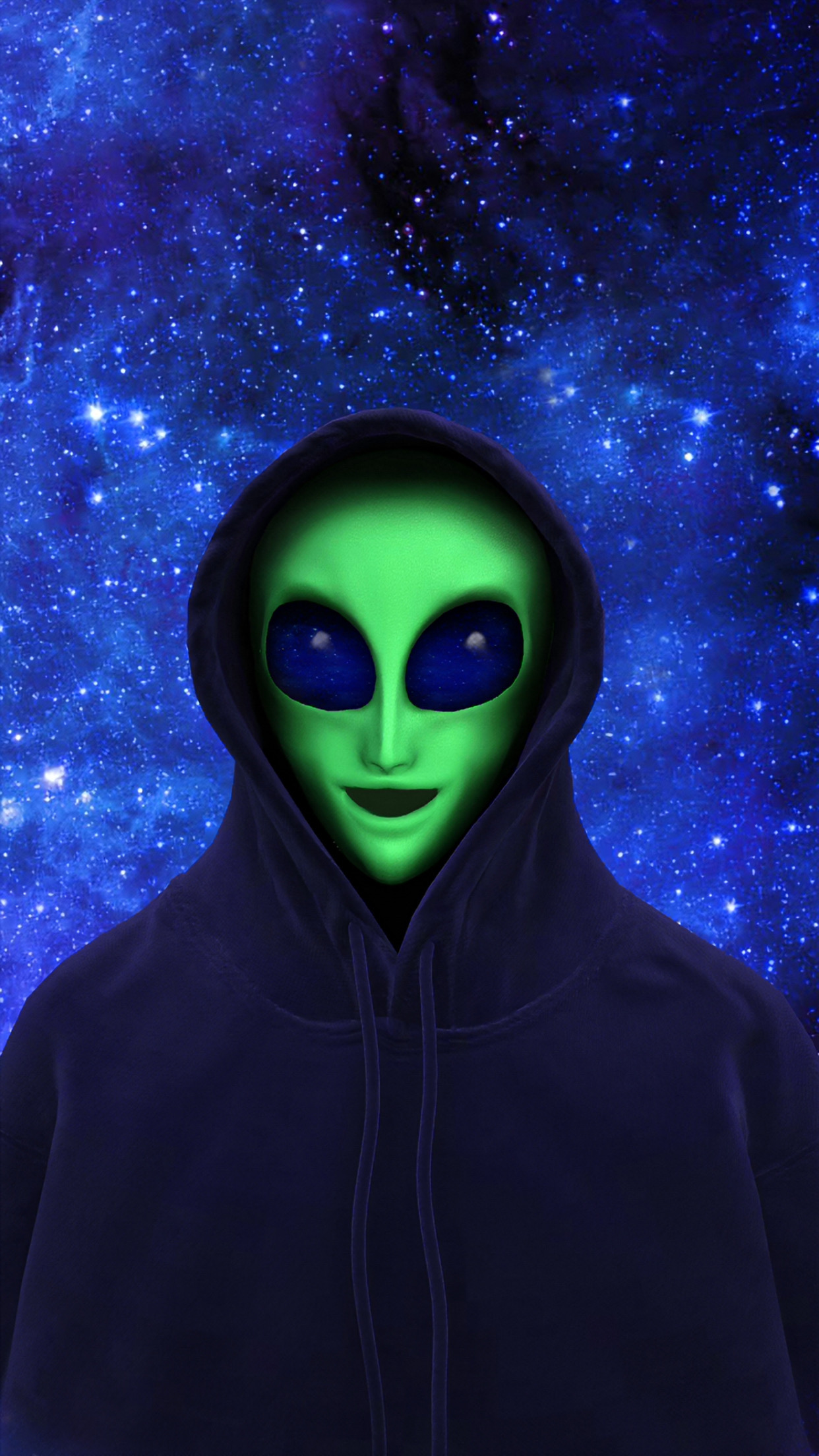 Green alien in a navy hoodie against a star-filled galaxy